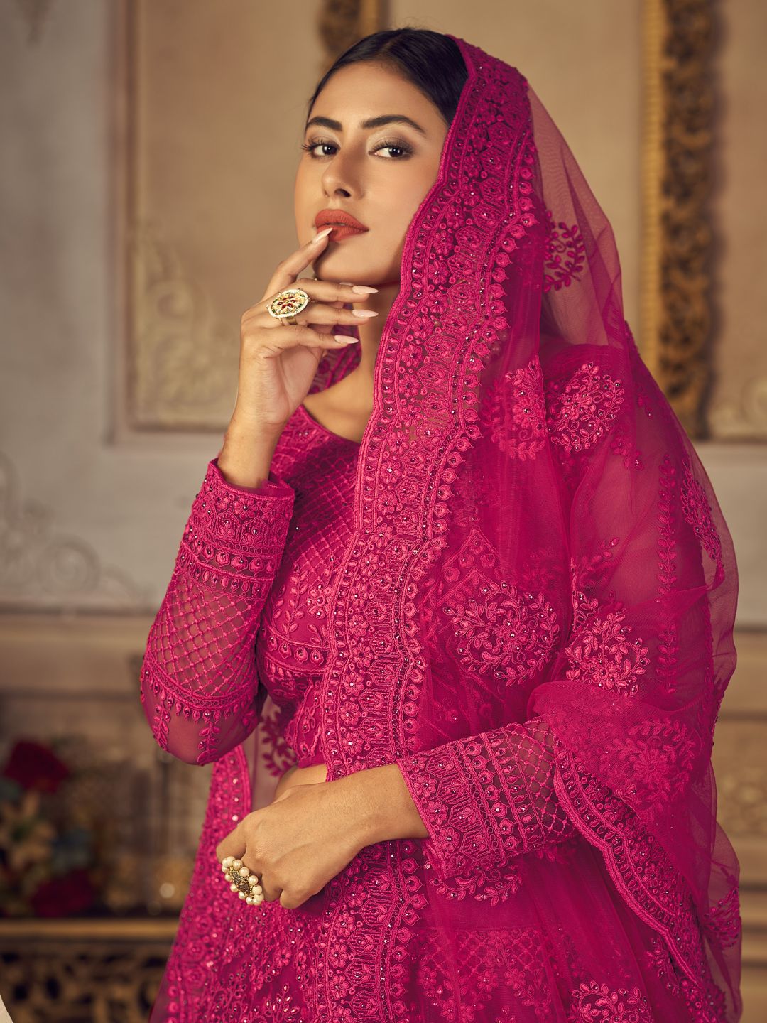 Embroidered Net With Banglori Silk Bridal Lehenga in Pink