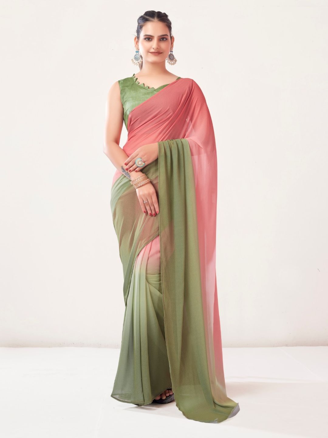 Georgette Bollywood Saree In Pink and Green
