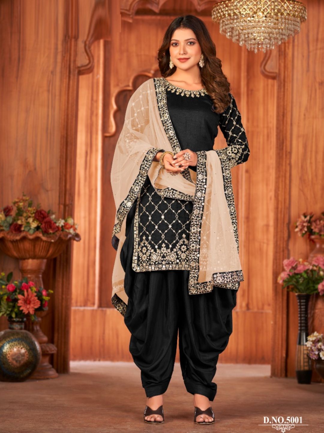 Mirror Art Silk Patiala Salwar Suit in Black