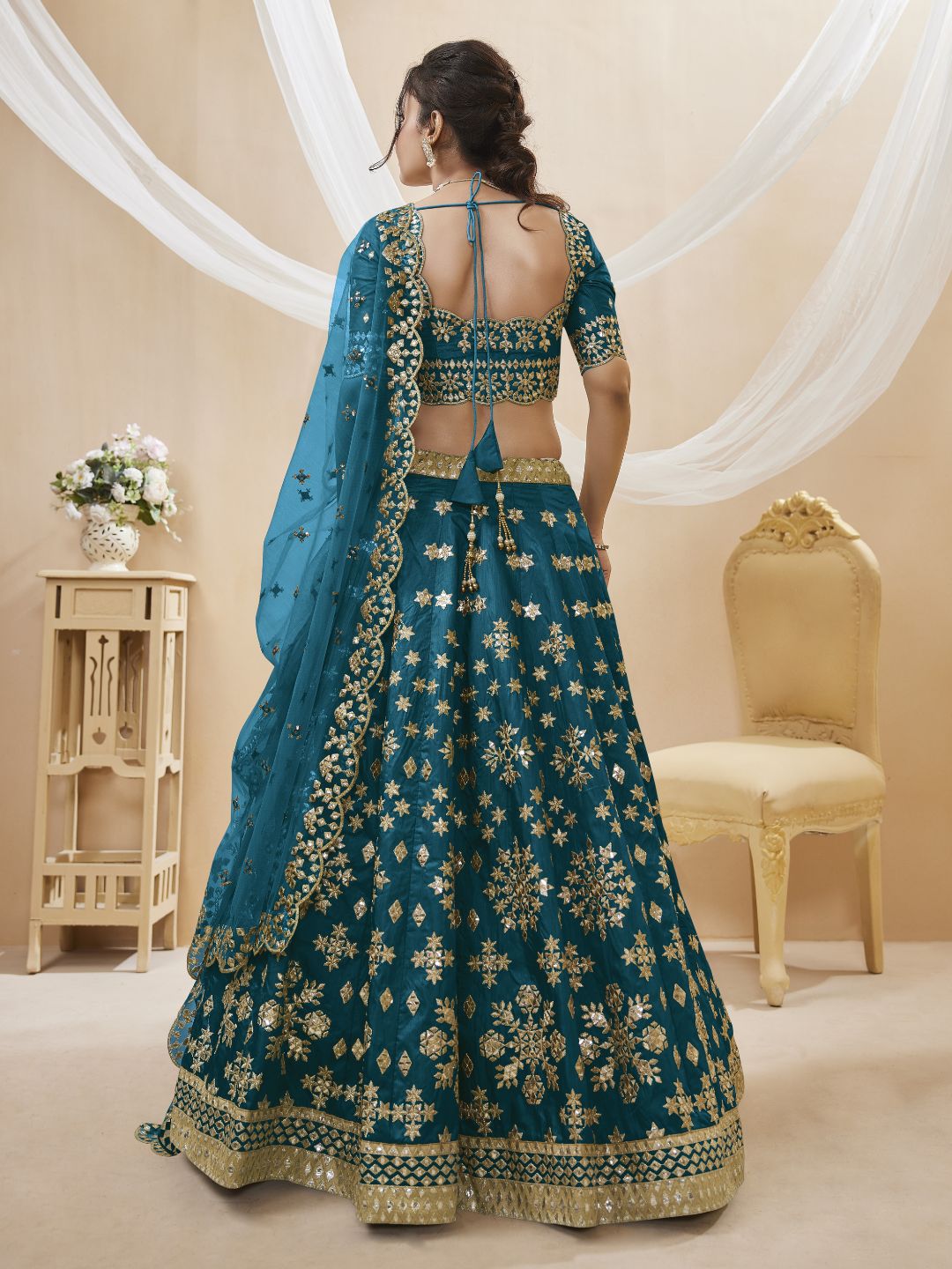 Georgette Bollywood Lehenga in Dark Blue with Sequins Zari Embroidery Work
