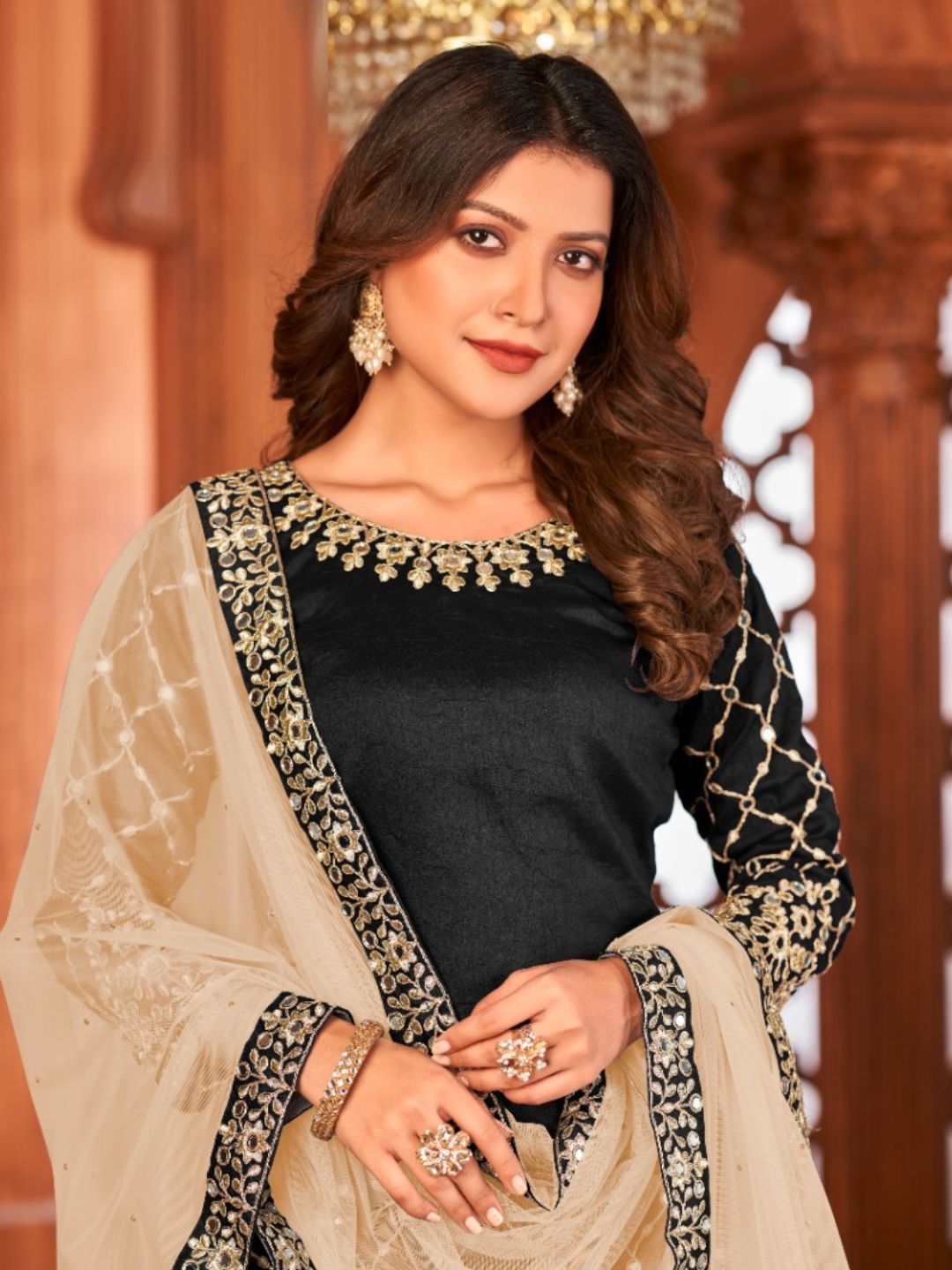 Mirror Art Silk Patiala Salwar Suit in Black