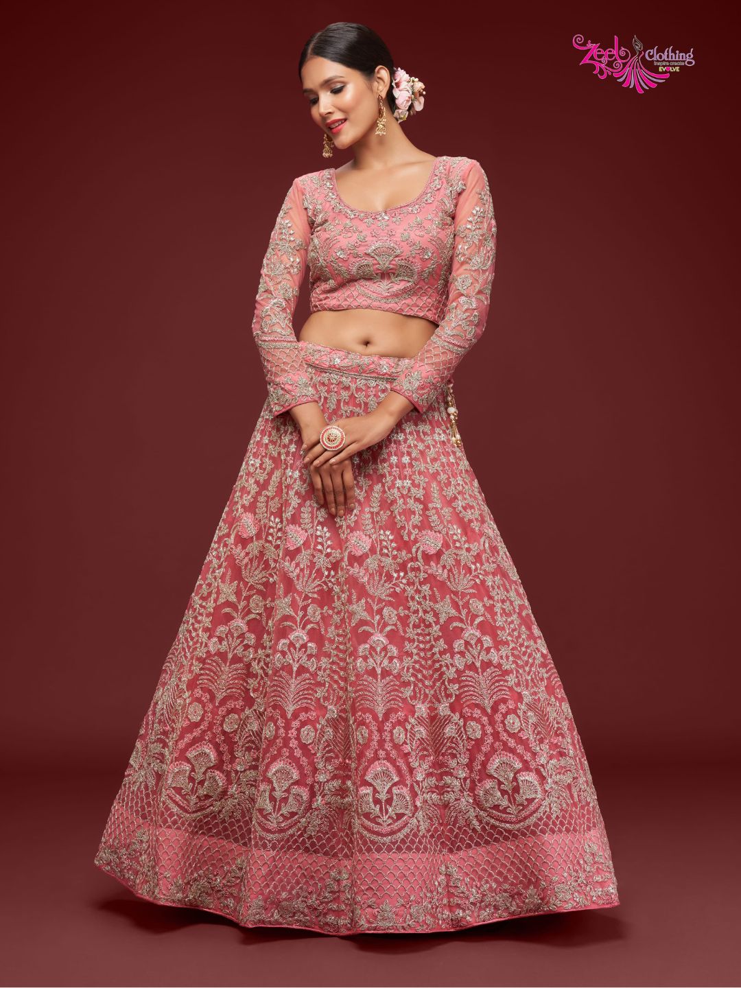 Net Wedding Lehenga in Pink and Magenta with Zari work