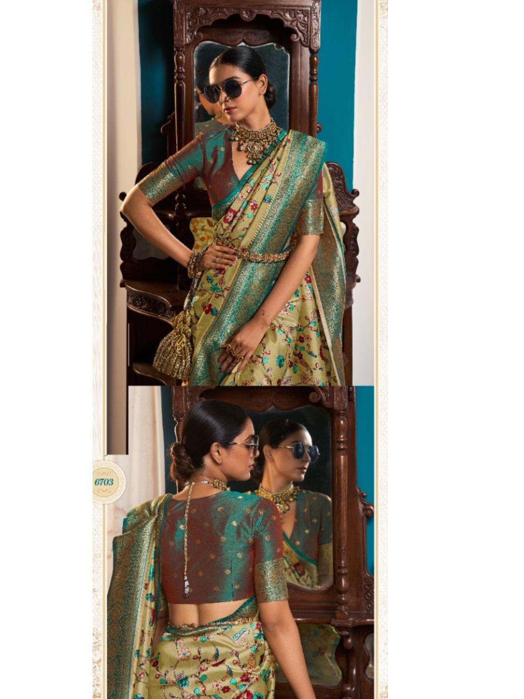 Digital Print Satin Silk Fastive Saree In Green
