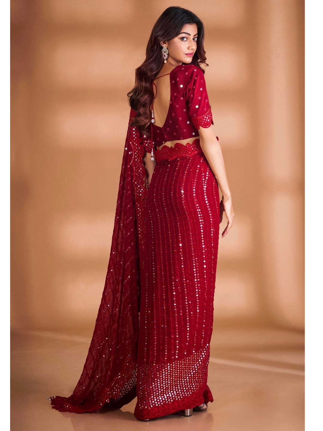 Sequins Georgette Fastive Saree In Maroon