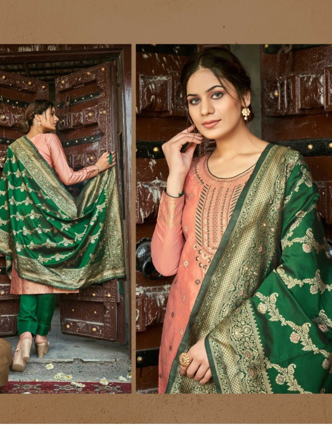 Embroidered Banarasi Silk Bollywood Salwar Kameez in Beige