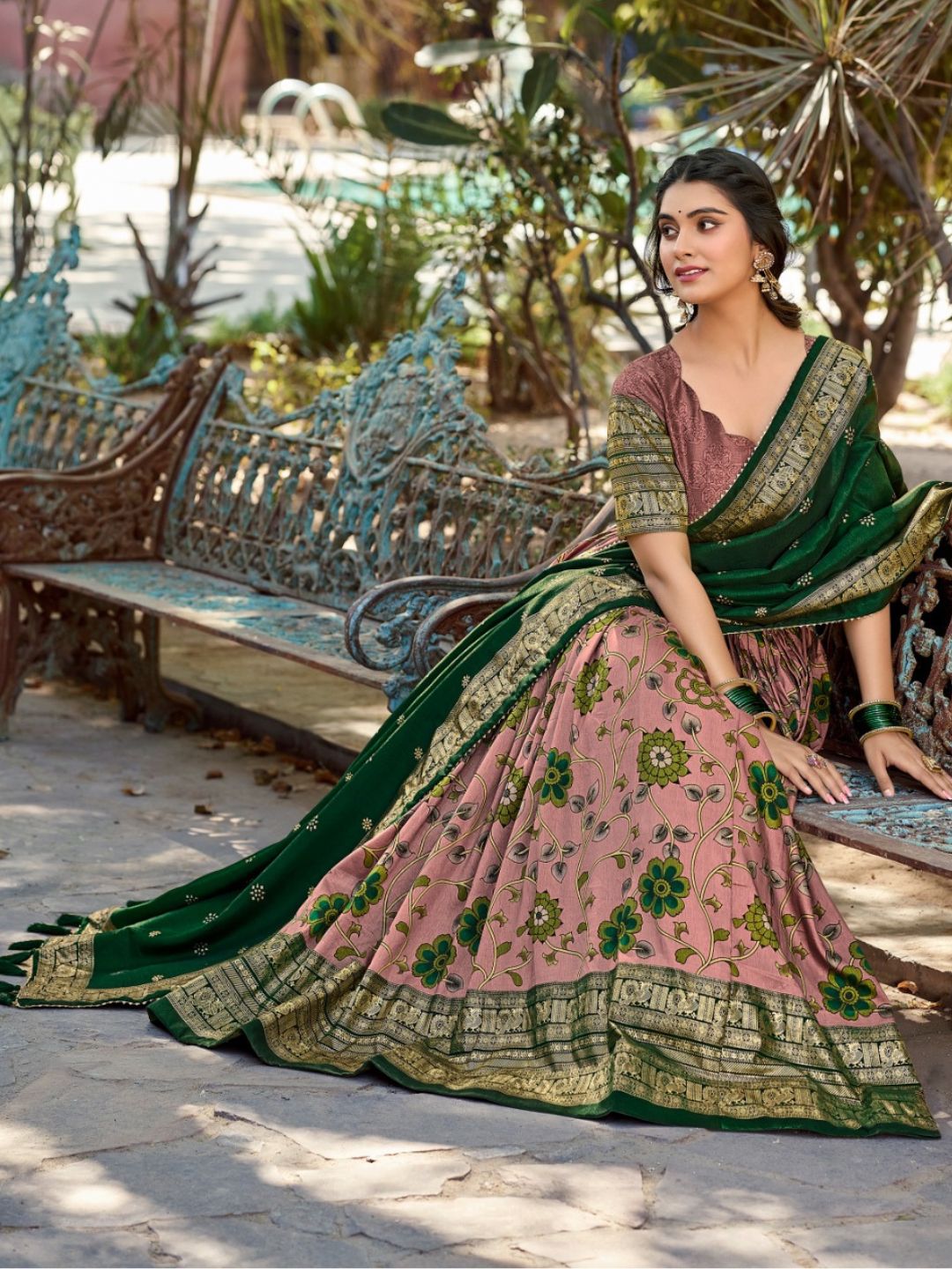 Kalamkari Tussar Silk Printed design Festive Lehenga In Green color -82062