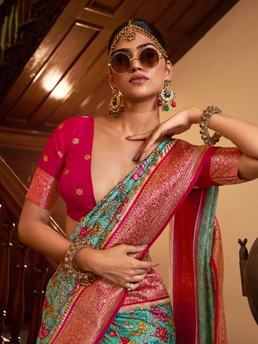 Digital Print Satin Silk Fastive Saree In Blue