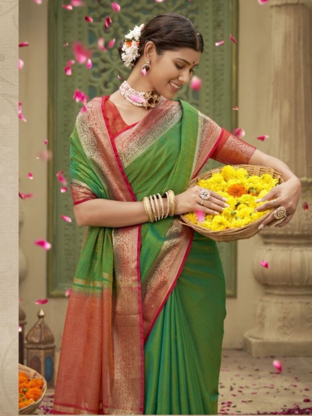 Weaving Tusser Silk Fastive Saree In Green