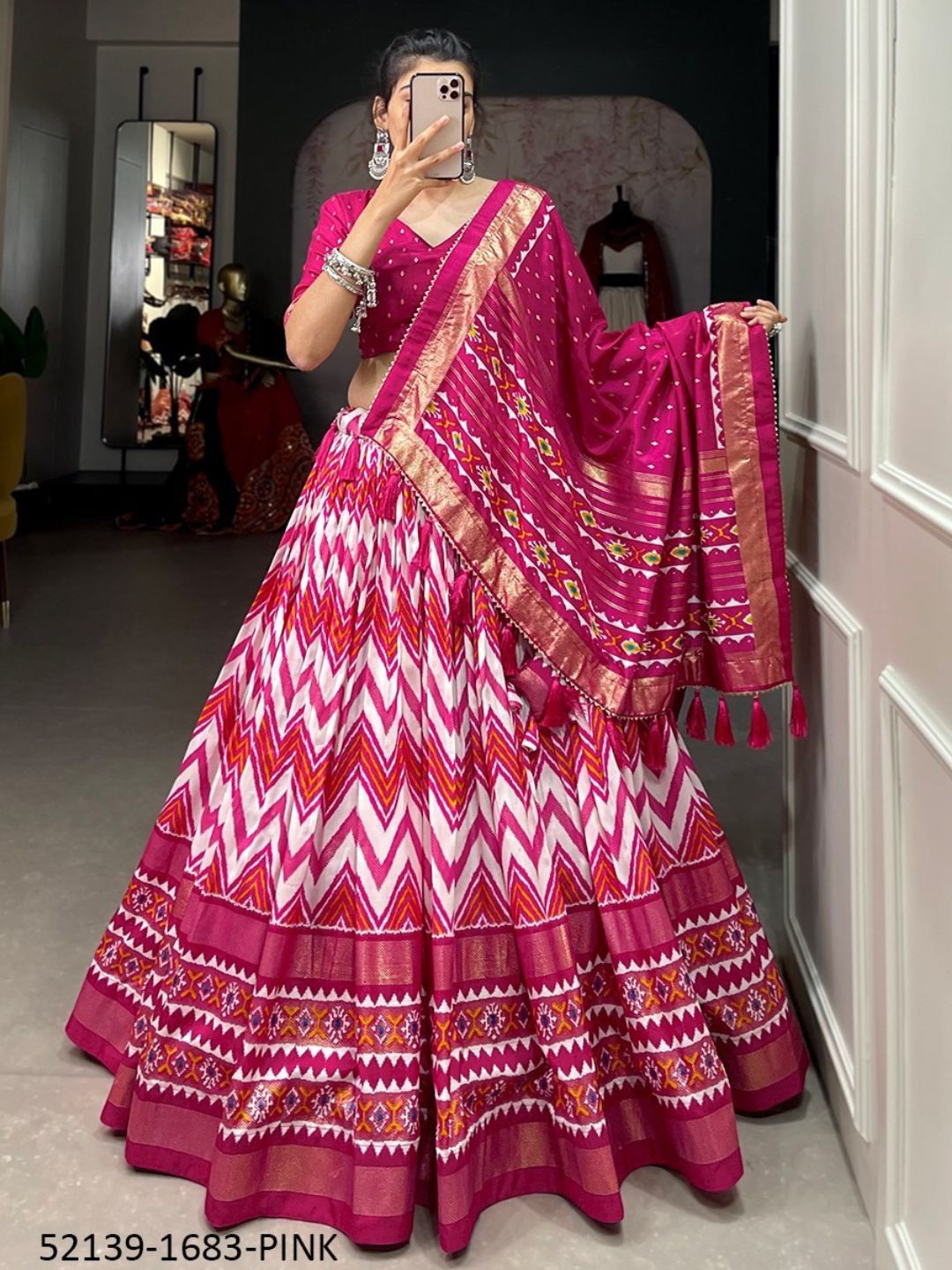 Foil Printed tussar Silk with Bandhani Dupatta Lehenga Choli In Pink c Saundaryam Fashions