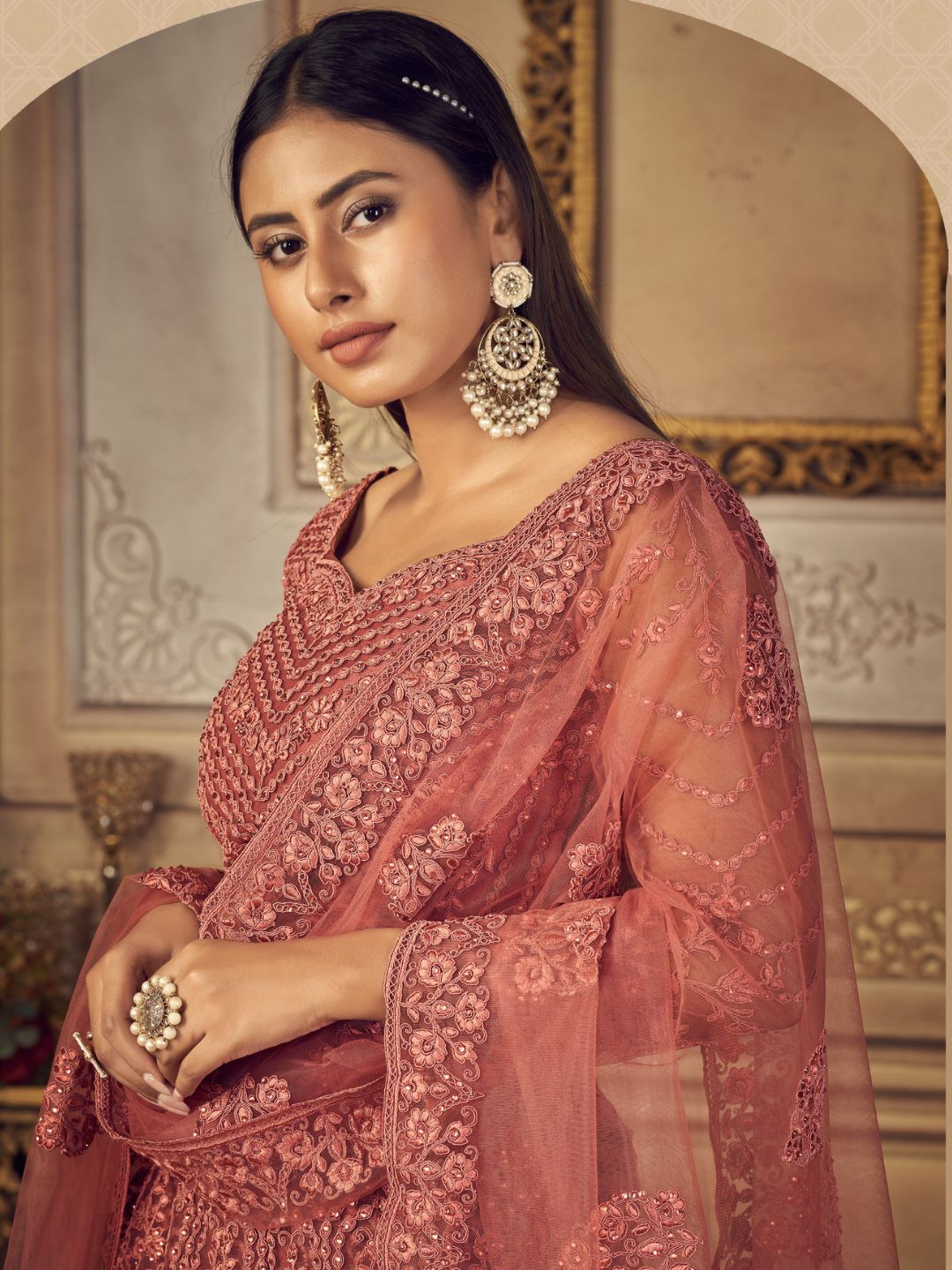 Embroidered Net With Banglori Silk Bridal Lehenga in Pink-90998