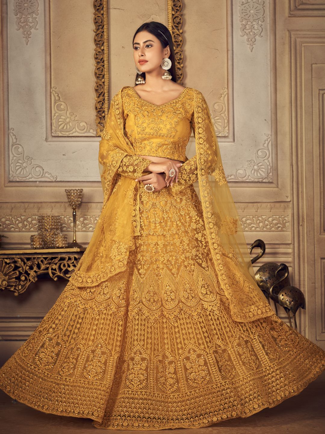 Embroidered Net With Banglori Silk Bridal Lehenga in Yellow Saundaryam Fashions