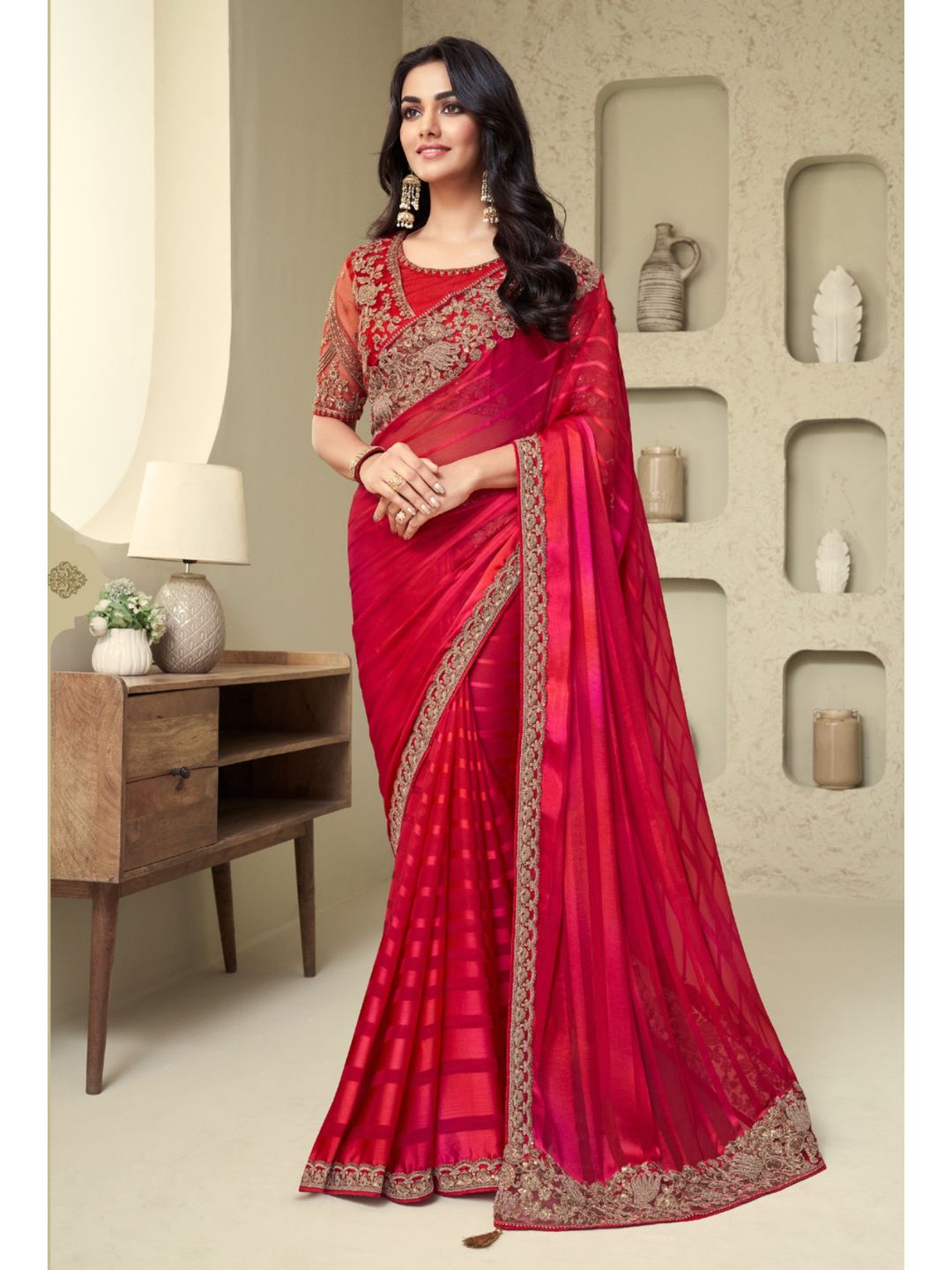 Embroidered Shimmer Silk Wedding Saree In Red
