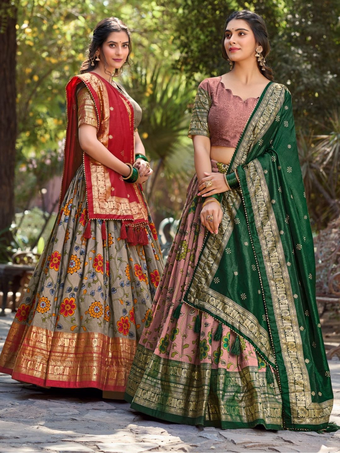 Kalamkari Tussar Silk Printed design Festive Lehenga In Red color -82063