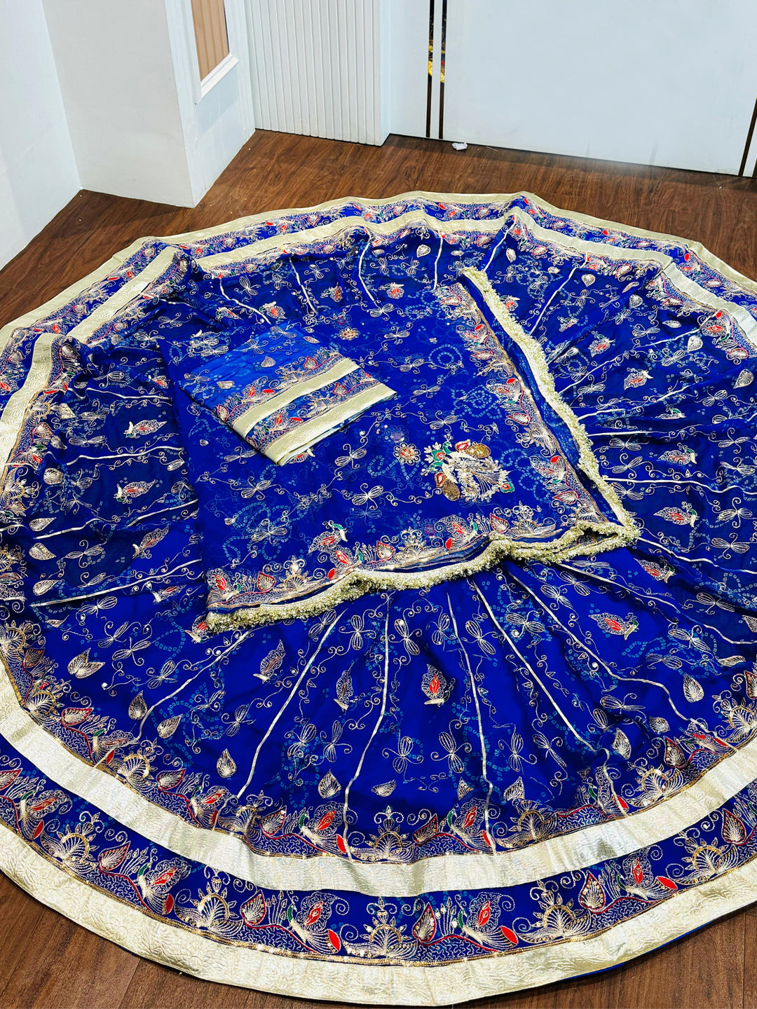 Royal Pure 7 Miter full Gher Wedding Sangeet Premium quality Rajputi Poshak in Blue color-81631