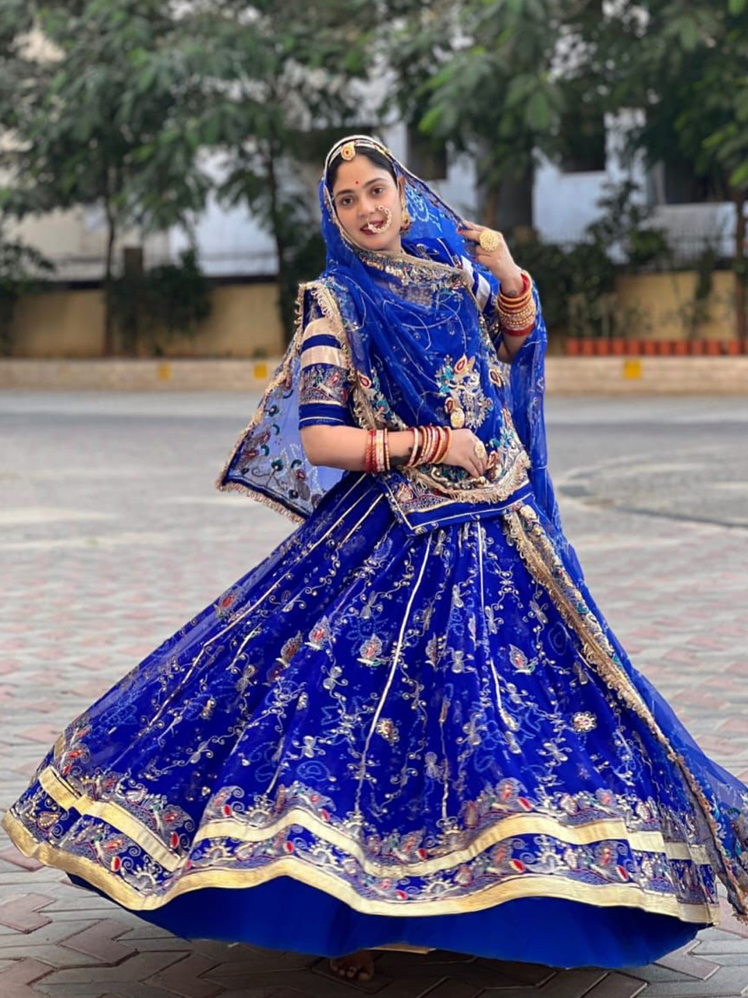 Royal Pure 7 Miter full Gher Wedding Sangeet Premium quality Rajputi Poshak in Blue color-81631