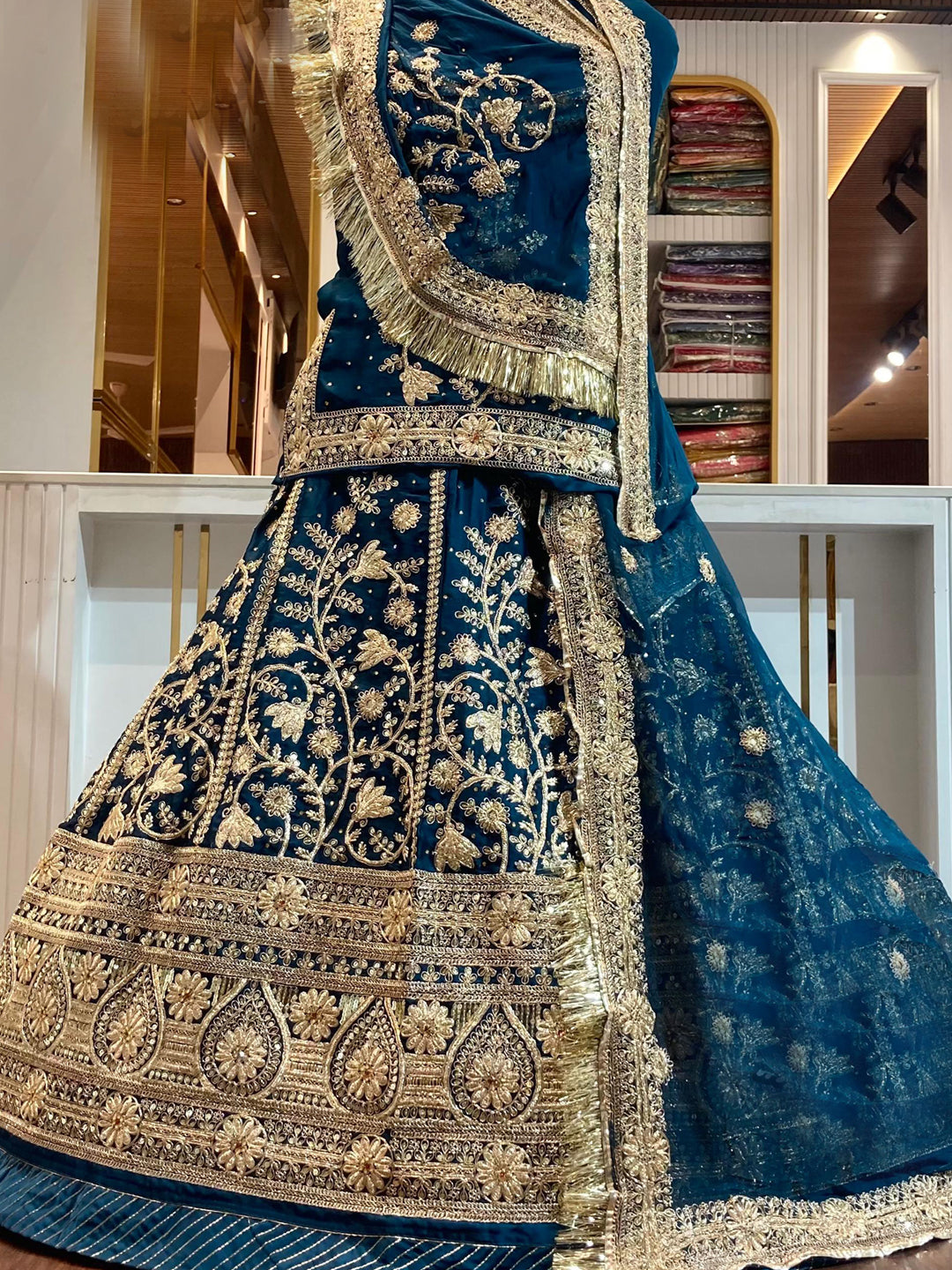 Bamber Satin Wedding Party Wear Traditional Rajputi Poshak with Zari work In Blue color-91099