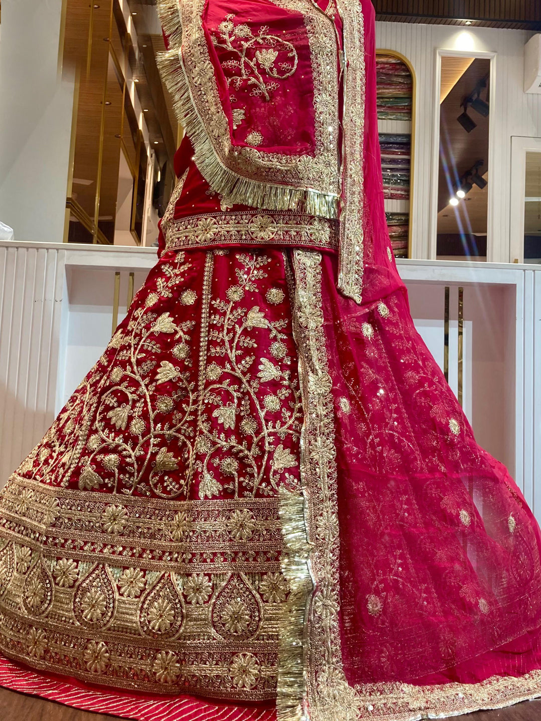 Bamber Satin Wedding Party Wear Traditional Rajputi Poshak with Zari work In Red color-91100