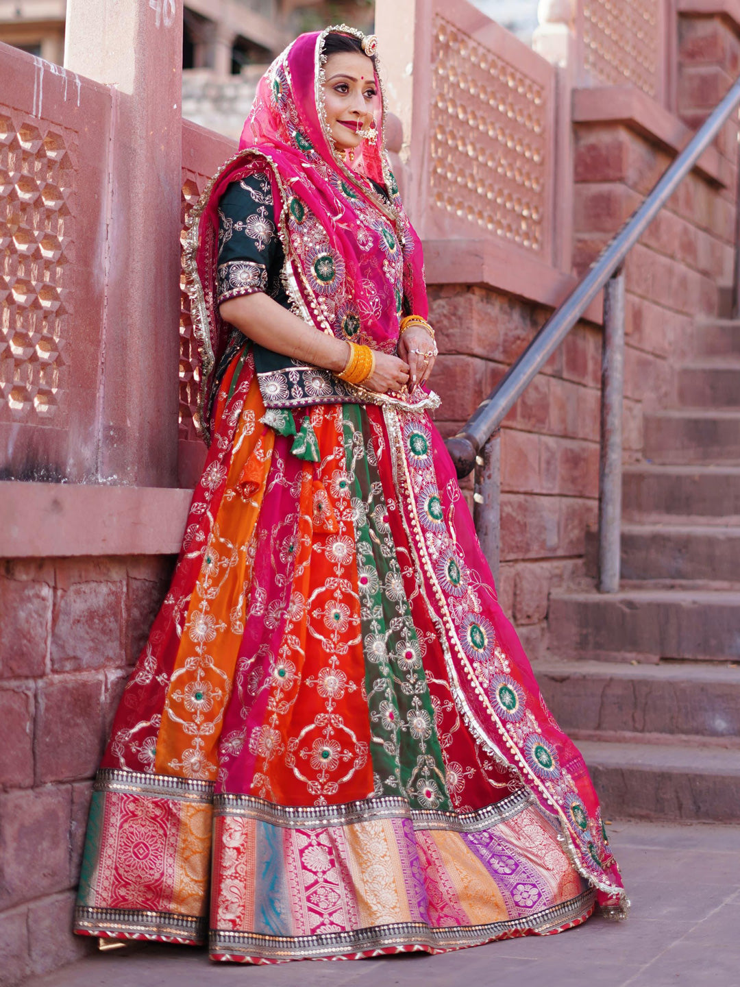Georgette 7 Miter full Gher Double color Wedding Sangeet Premium quality Rajputi Poshak-91132