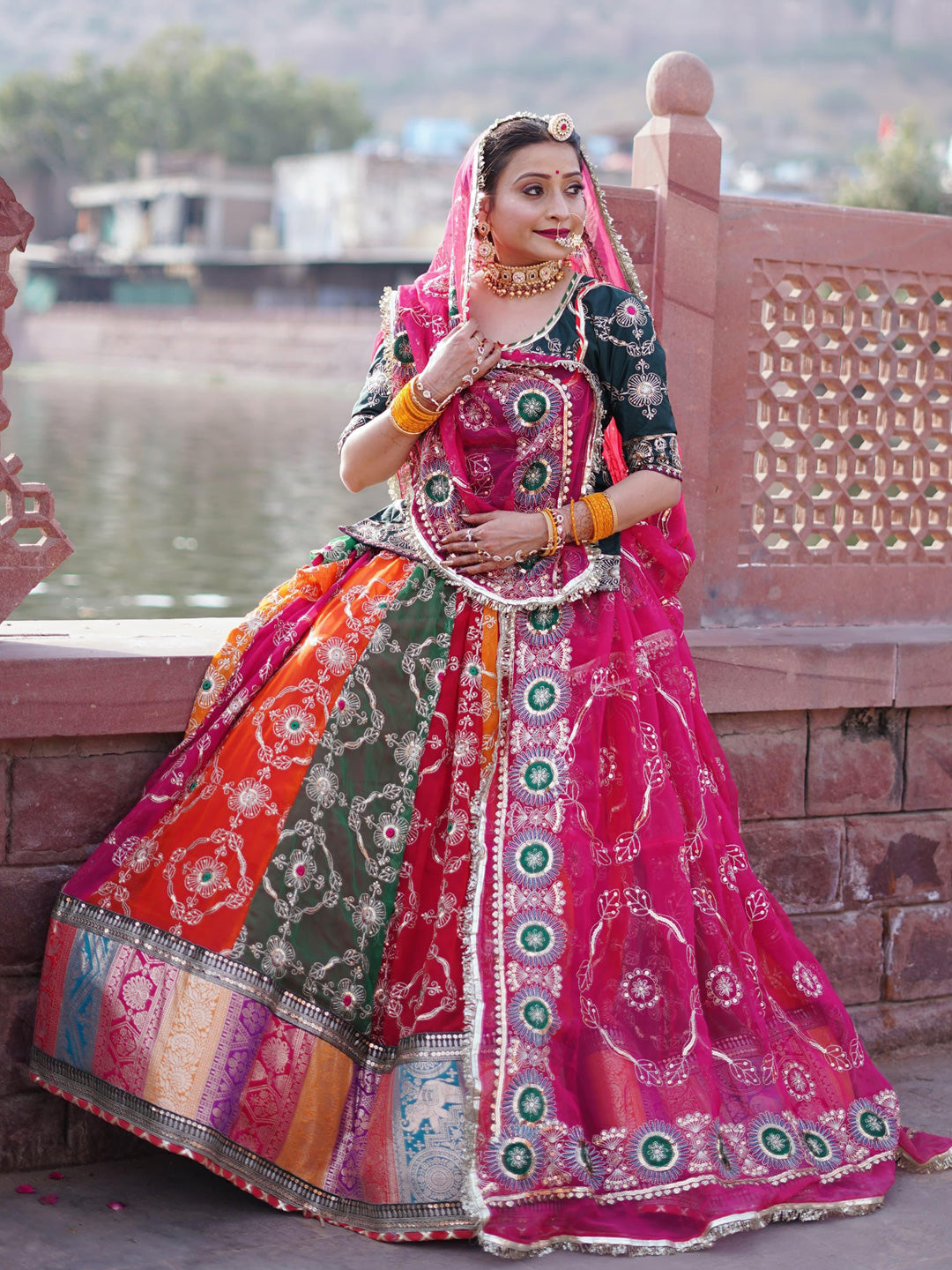 Georgette 7 Miter full Gher Double color Wedding Sangeet Premium quality Rajputi Poshak-91132