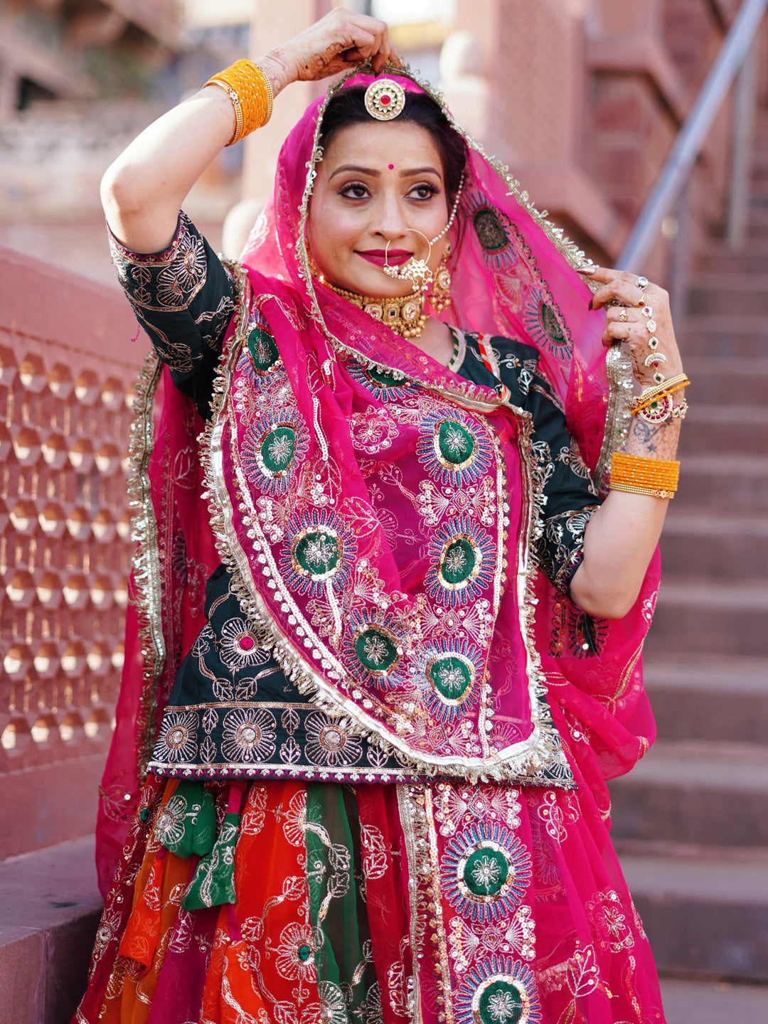 Georgette 7 Miter full Gher Double color Wedding Sangeet Premium quality Rajputi Poshak-91132