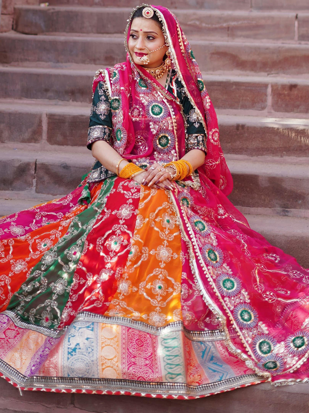Georgette 7 Miter full Gher Double color Wedding Sangeet Premium quality Rajputi Poshak-91132
