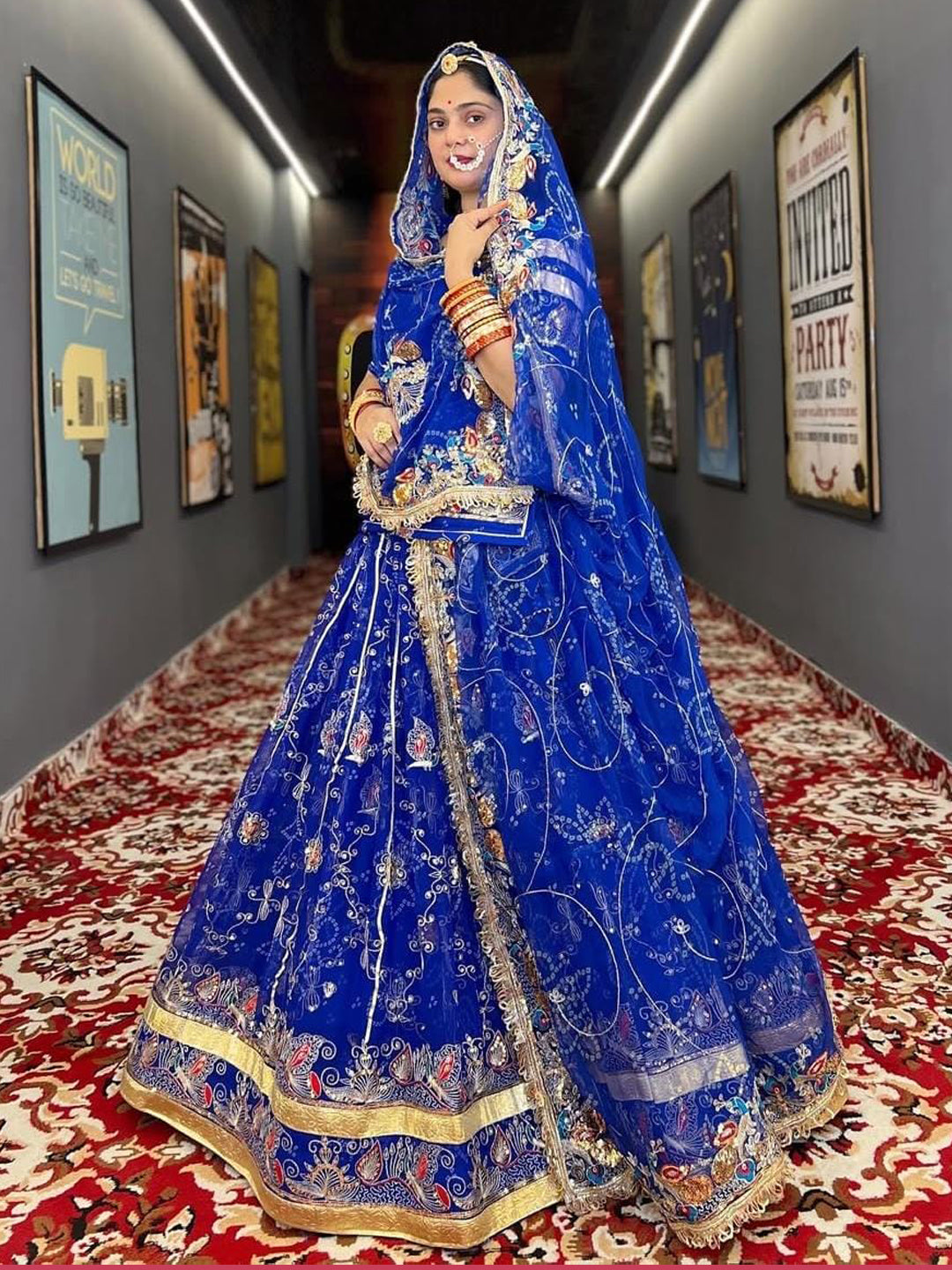 Royal Pure 7 Miter full Gher Wedding Sangeet Premium quality Rajputi Poshak in Blue color-81631