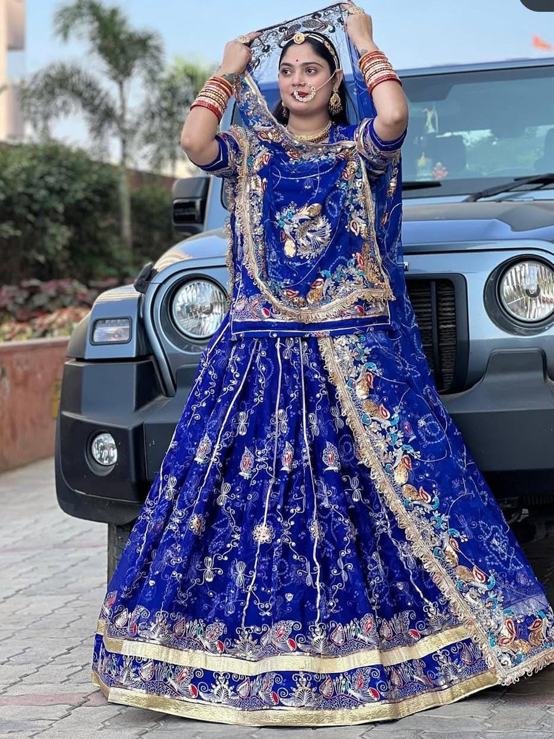 Royal Pure 7 Miter full Gher Wedding Sangeet Premium quality Rajputi Poshak in Blue color-81631