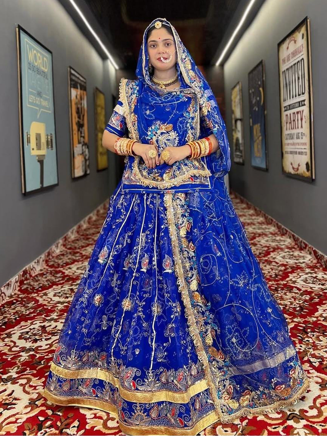 Royal Pure 7 Miter full Gher Wedding Sangeet Premium quality Rajputi Poshak in Blue color-81631