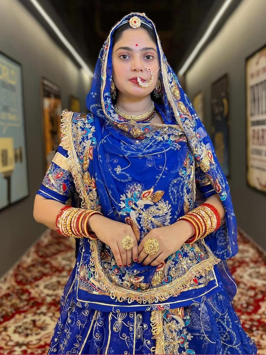 Royal Pure 7 Miter full Gher Wedding Sangeet Premium quality Rajputi Poshak in Blue color-81631