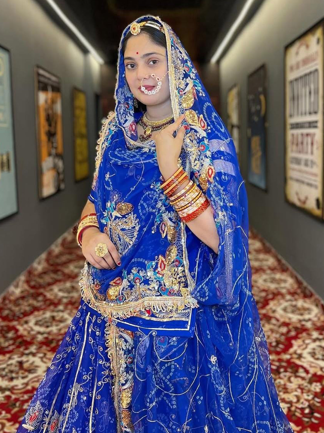 Royal Pure 7 Miter full Gher Wedding Sangeet Premium quality Rajputi Poshak in Blue color-81631
