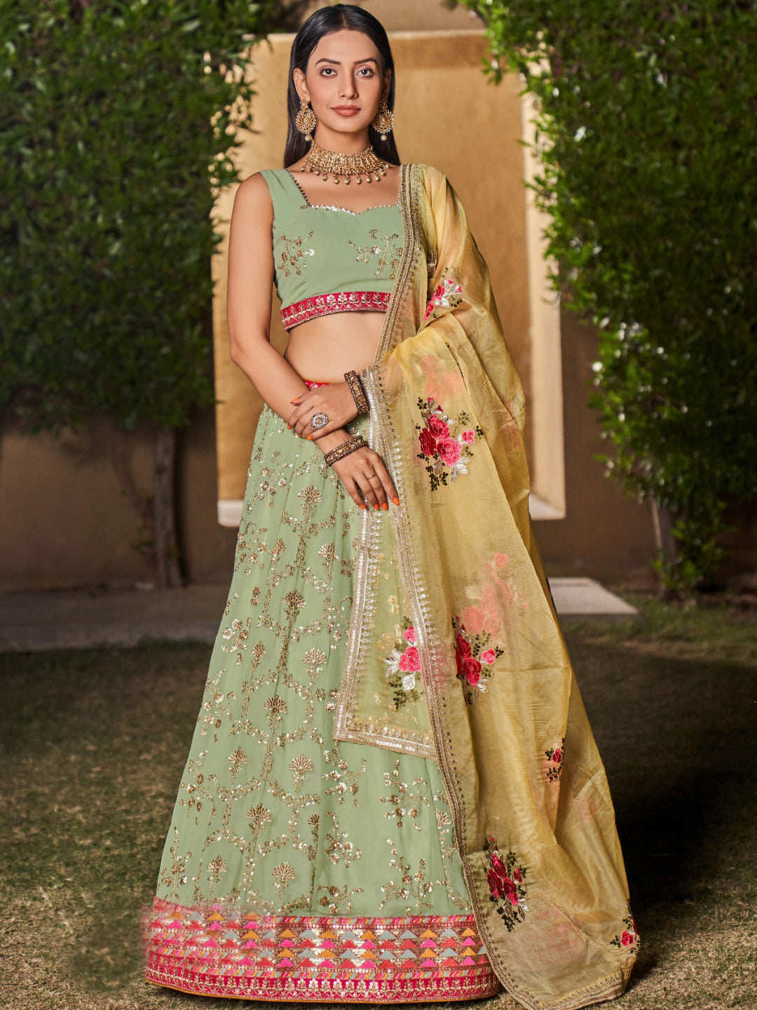Georgette Traditional Reception Semi-Stitched Lehenga Choli In Green color-40989