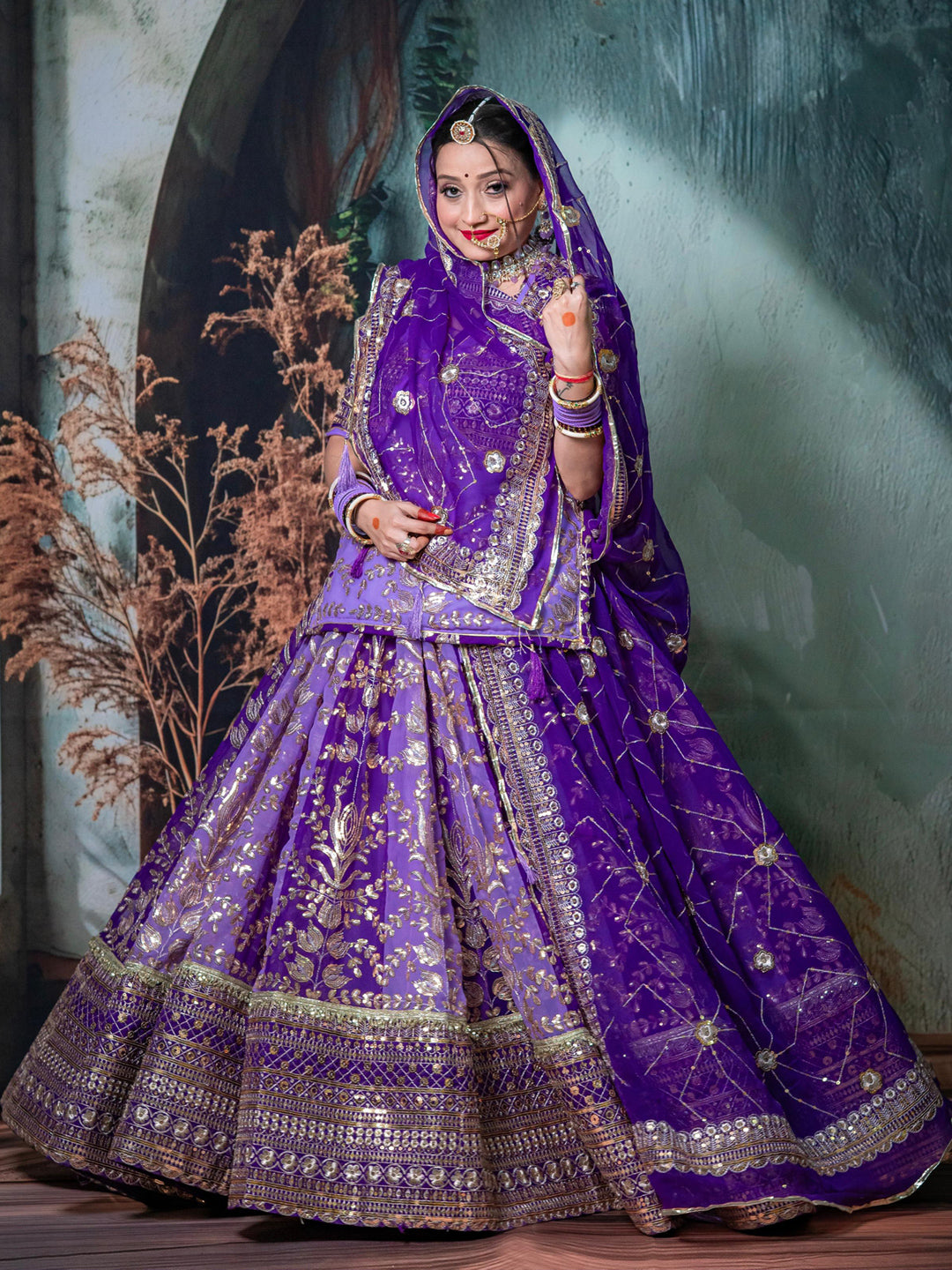 7 Miter full Gher Vintage Georgette Premium quality Rajputi Poshak In Purple color-91481