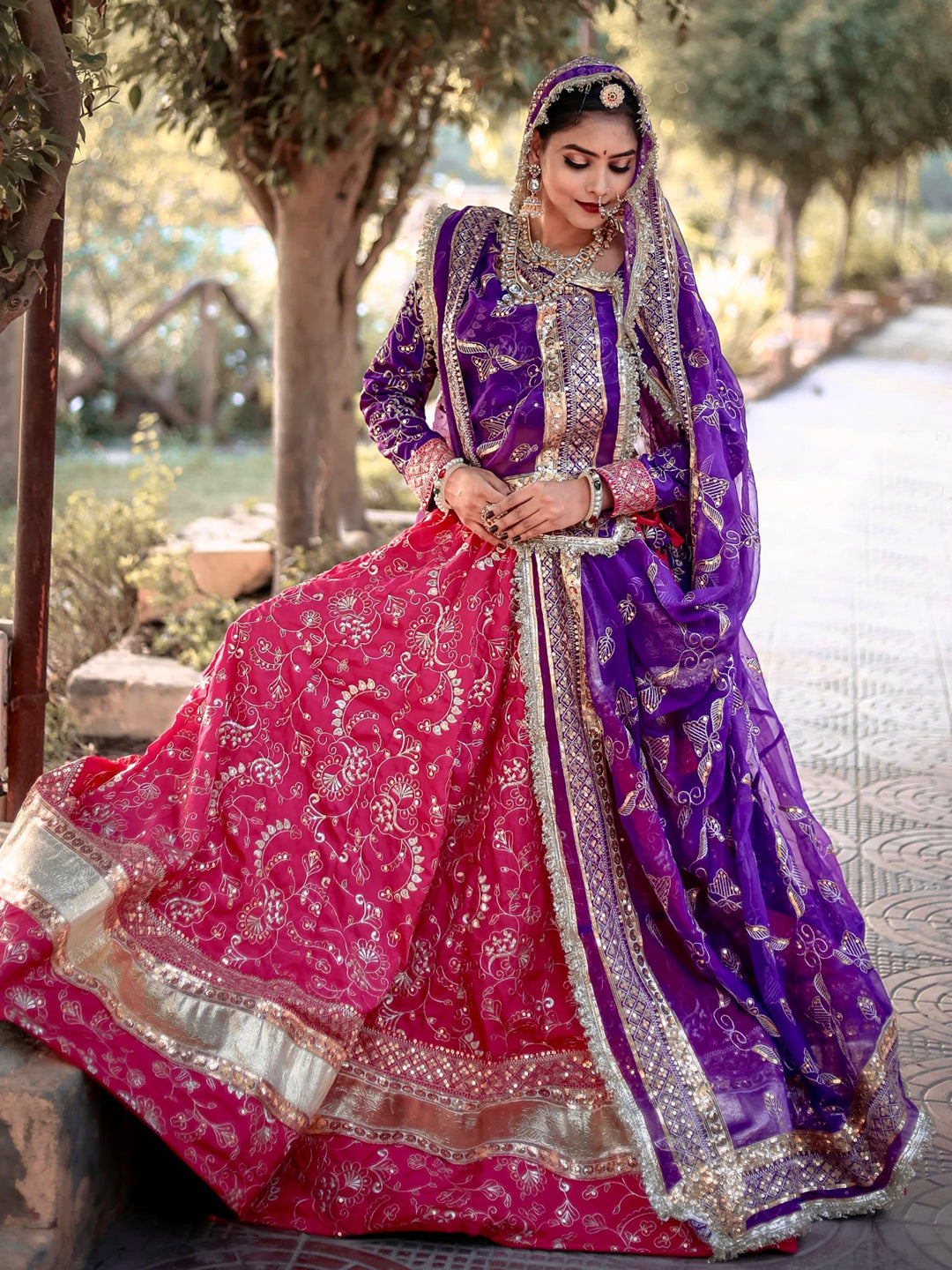 7 Miter full Gher Vintage Silk Crape Premium quality Rajputi Poshak In Pink Purple color-91478