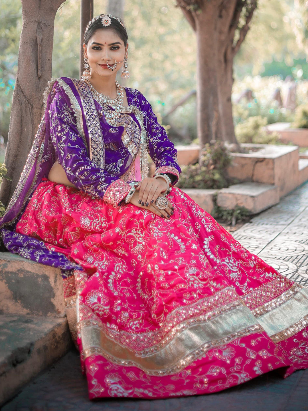 7 Miter full Gher Vintage Silk Crape Premium quality Rajputi Poshak In Pink Purple color-91478