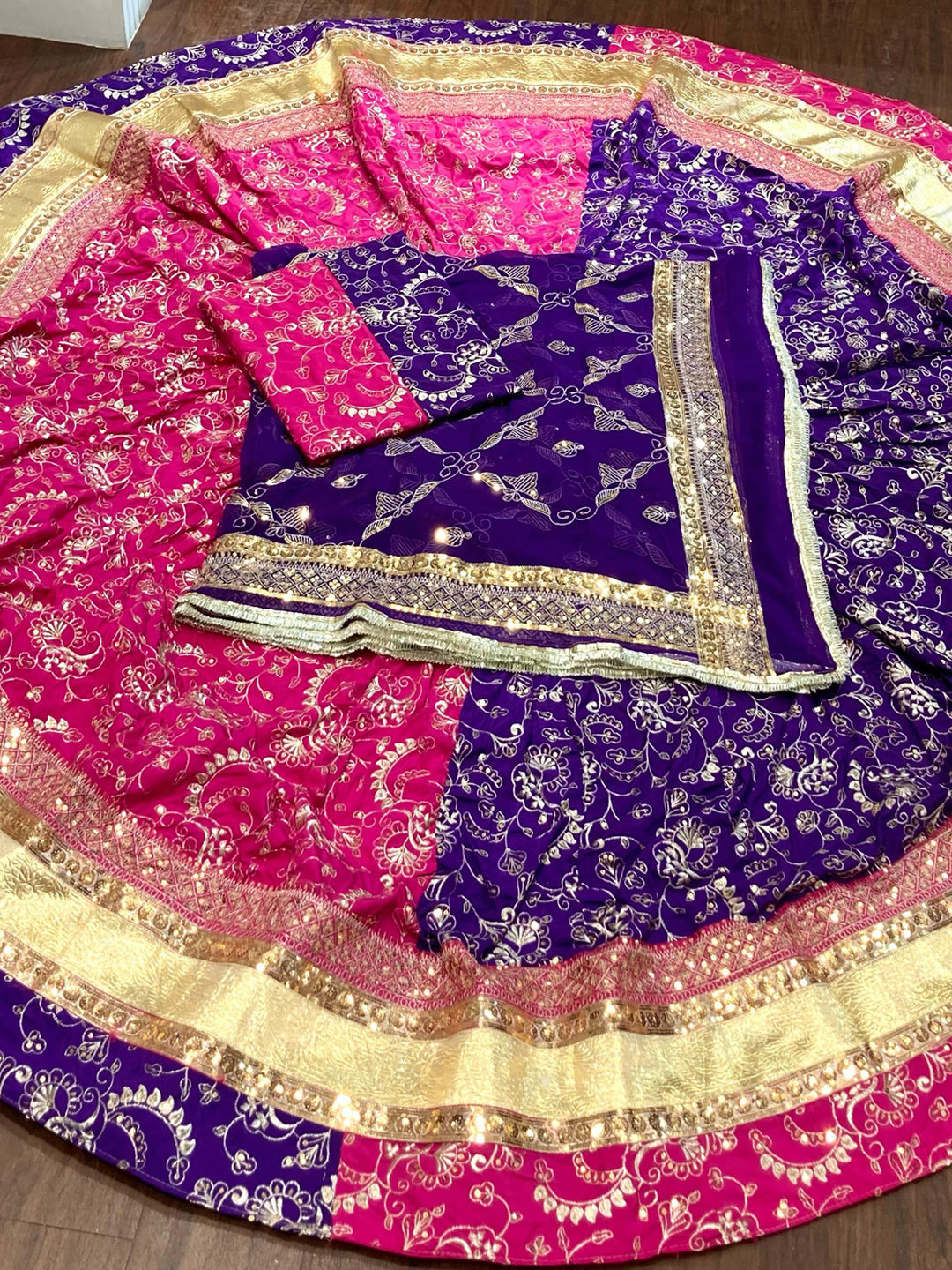 7 Miter full Gher Vintage Silk Crape Premium quality Rajputi Poshak In Pink Purple color-91478