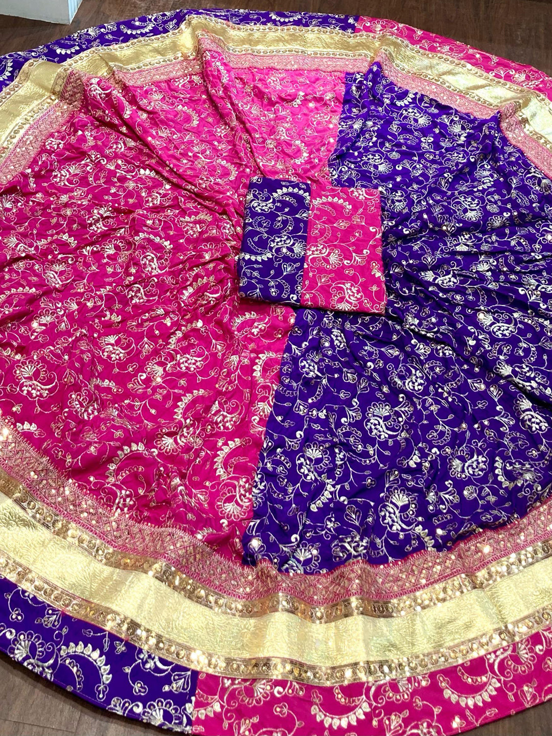 7 Miter full Gher Vintage Silk Crape Premium quality Rajputi Poshak In Pink Purple color-91478