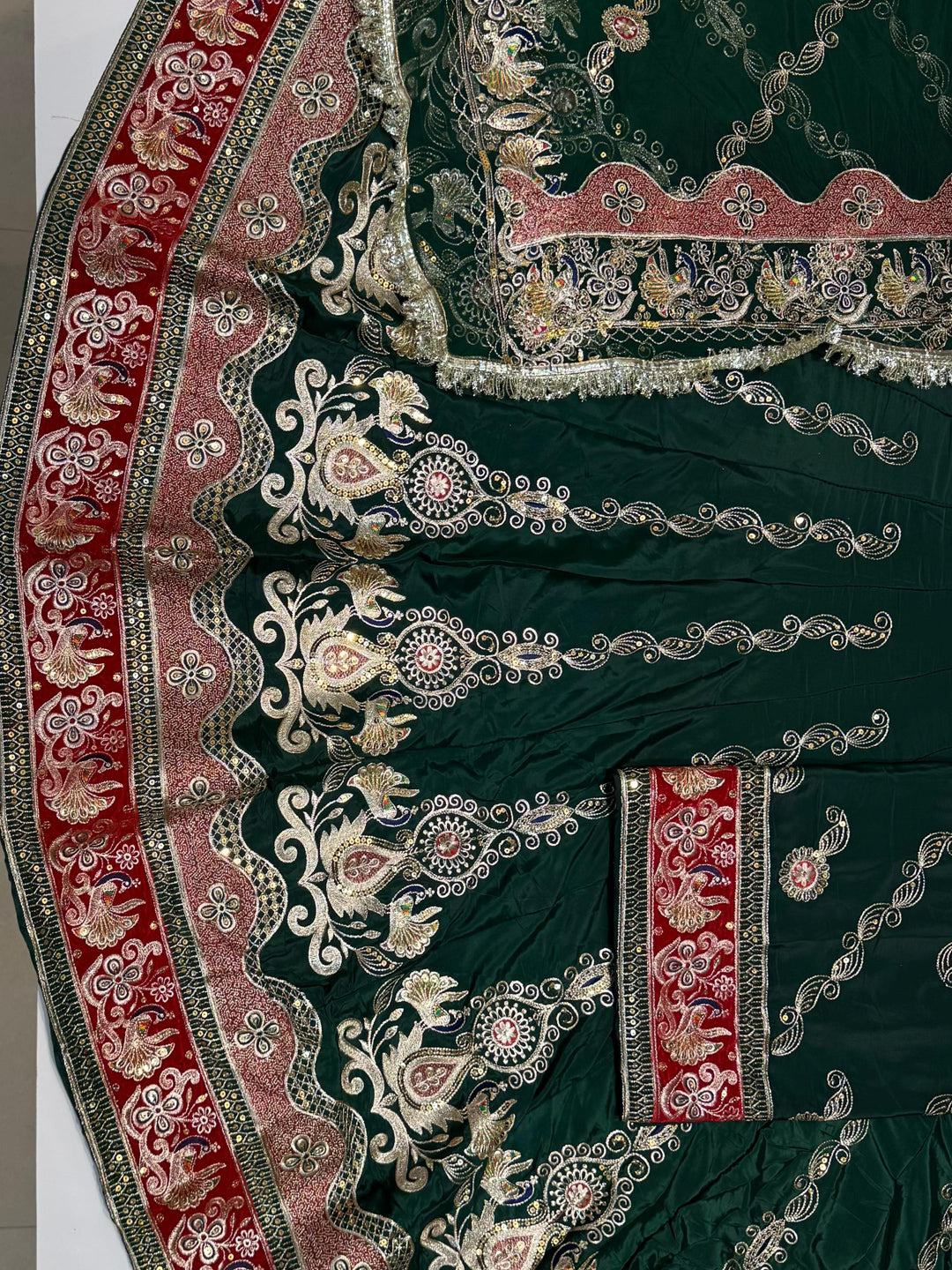 4 Miter full Gher Vintage Silk Crepe Premium quality Rajputi Poshak In Green color-91474