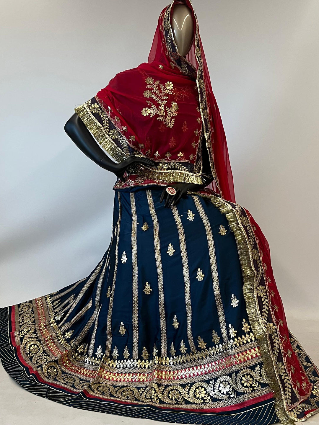 Makhmali Satin 24 Kali festive Wedding Rajputi Poshak In Red and Blue color-91510