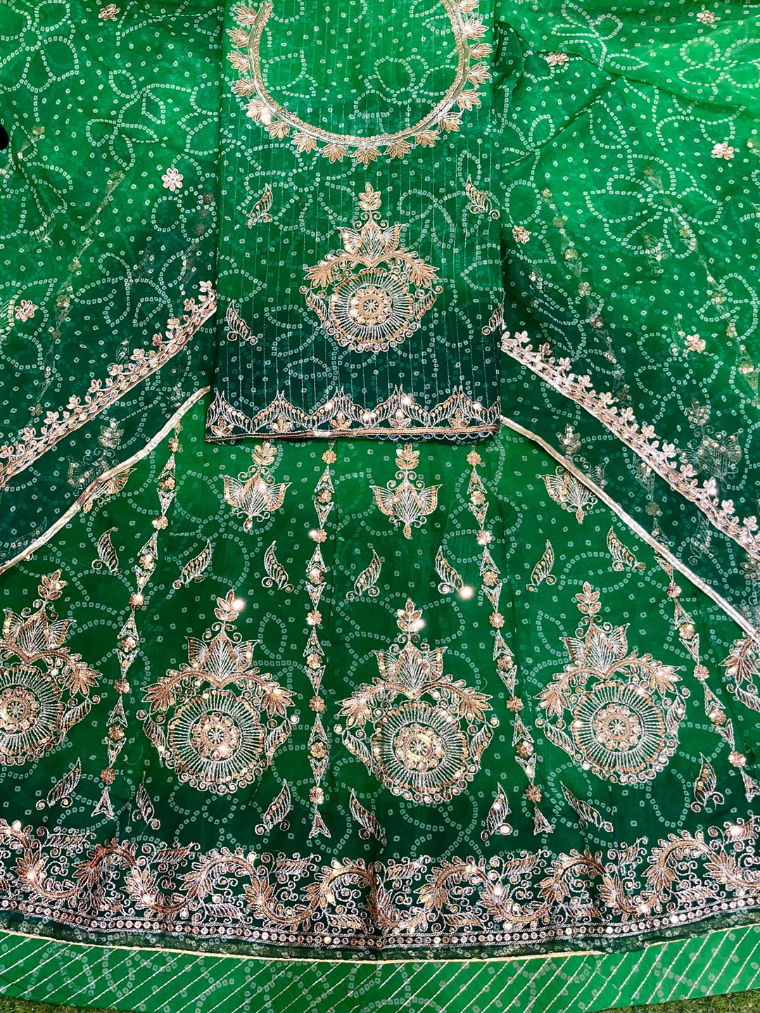 Chunnari Royal Pure Sequence Work Bright Green color Rajputi Poshak color-91555