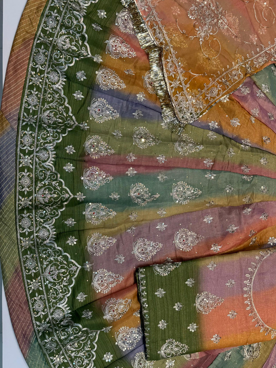 5 Miter full Gher Tesla Silk Multicolour Premium quality Rajputi Poshak Rajputi Suit-91599