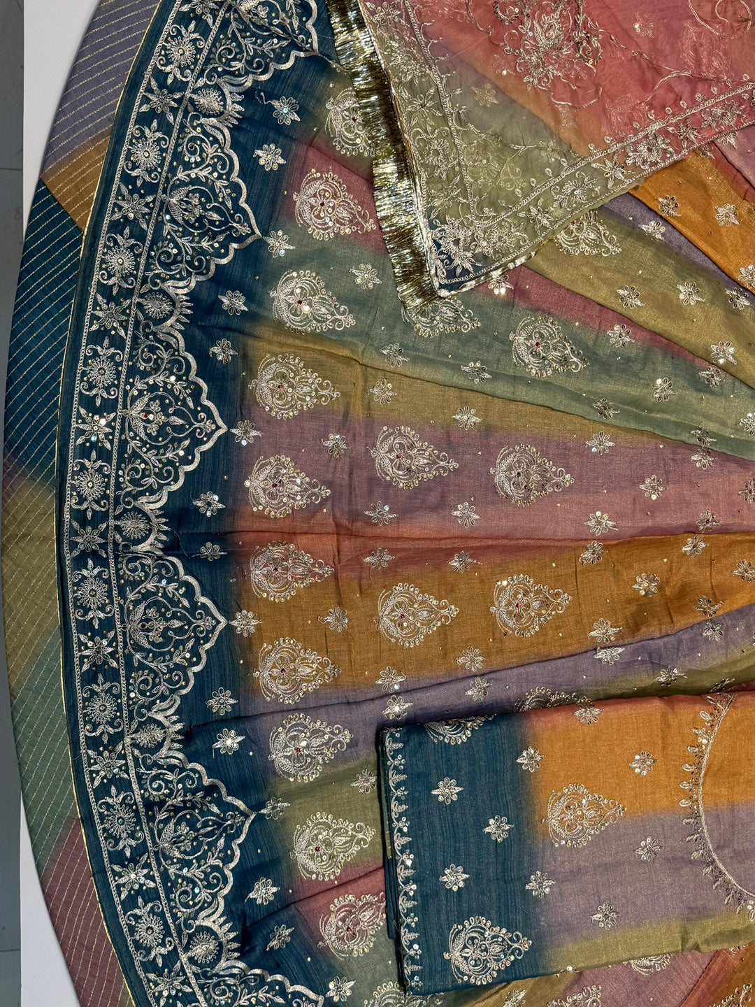 5 Miter full Gher Tesla Silk Multicolour Premium quality Rajputi Poshak Rajputi Suit-91599