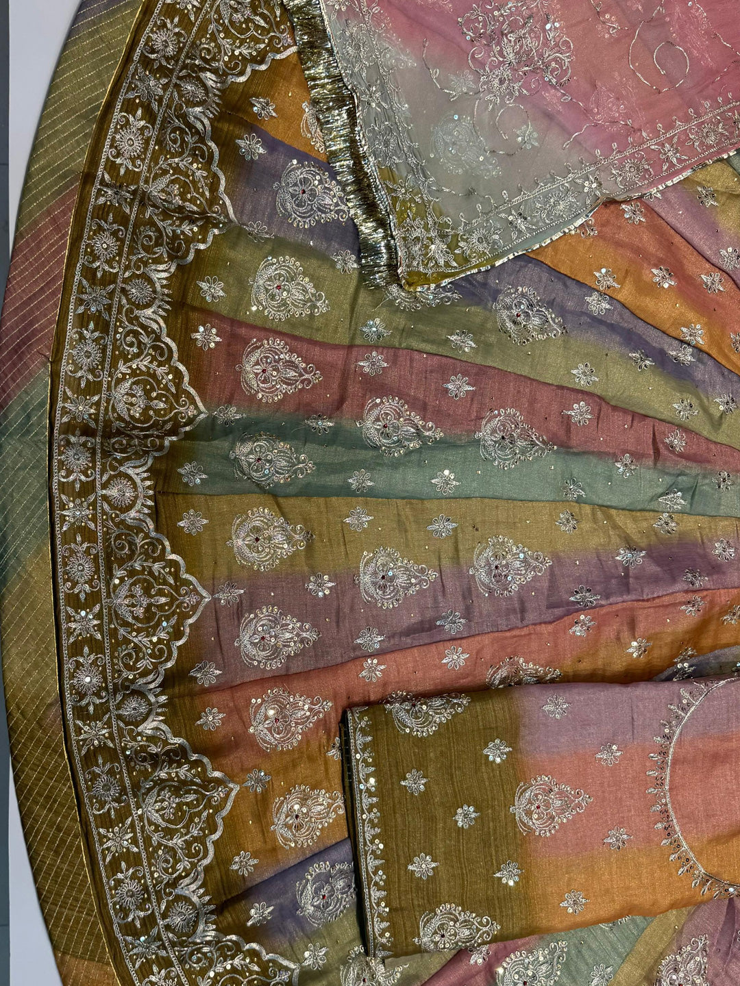 5 Miter full Gher Tesla Silk Multicolour Premium quality Rajputi Poshak Rajputi Suit-91599
