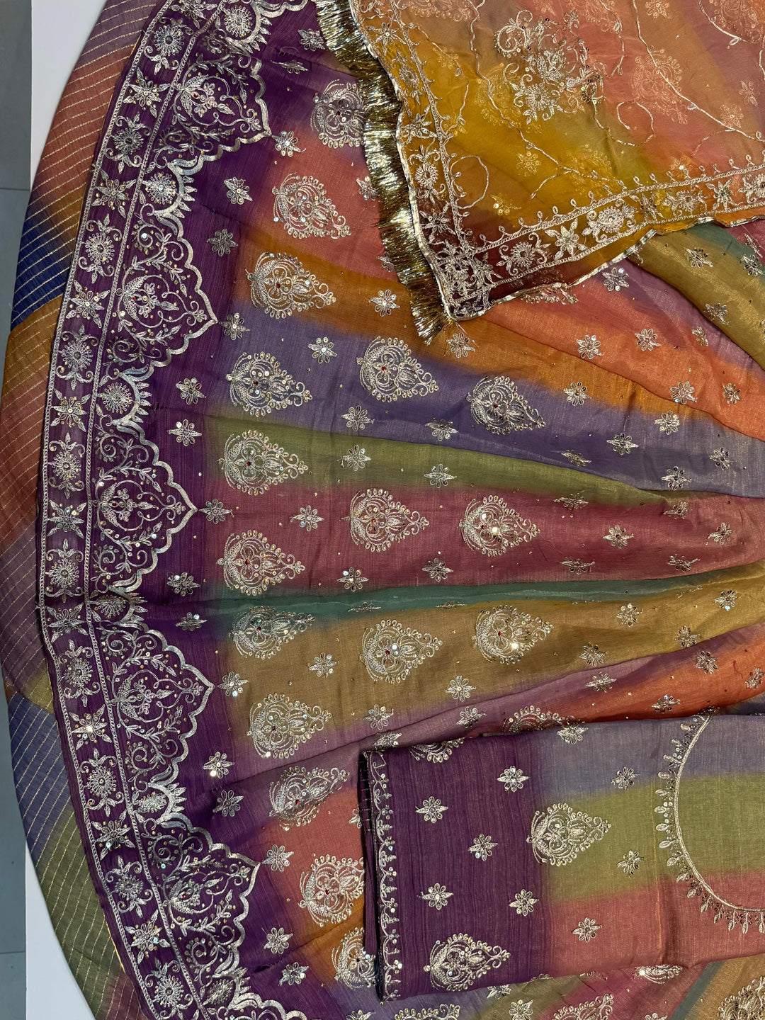 5 Miter full Gher Tesla Silk Multicolour Premium quality Rajputi Poshak Rajputi Suit-91599