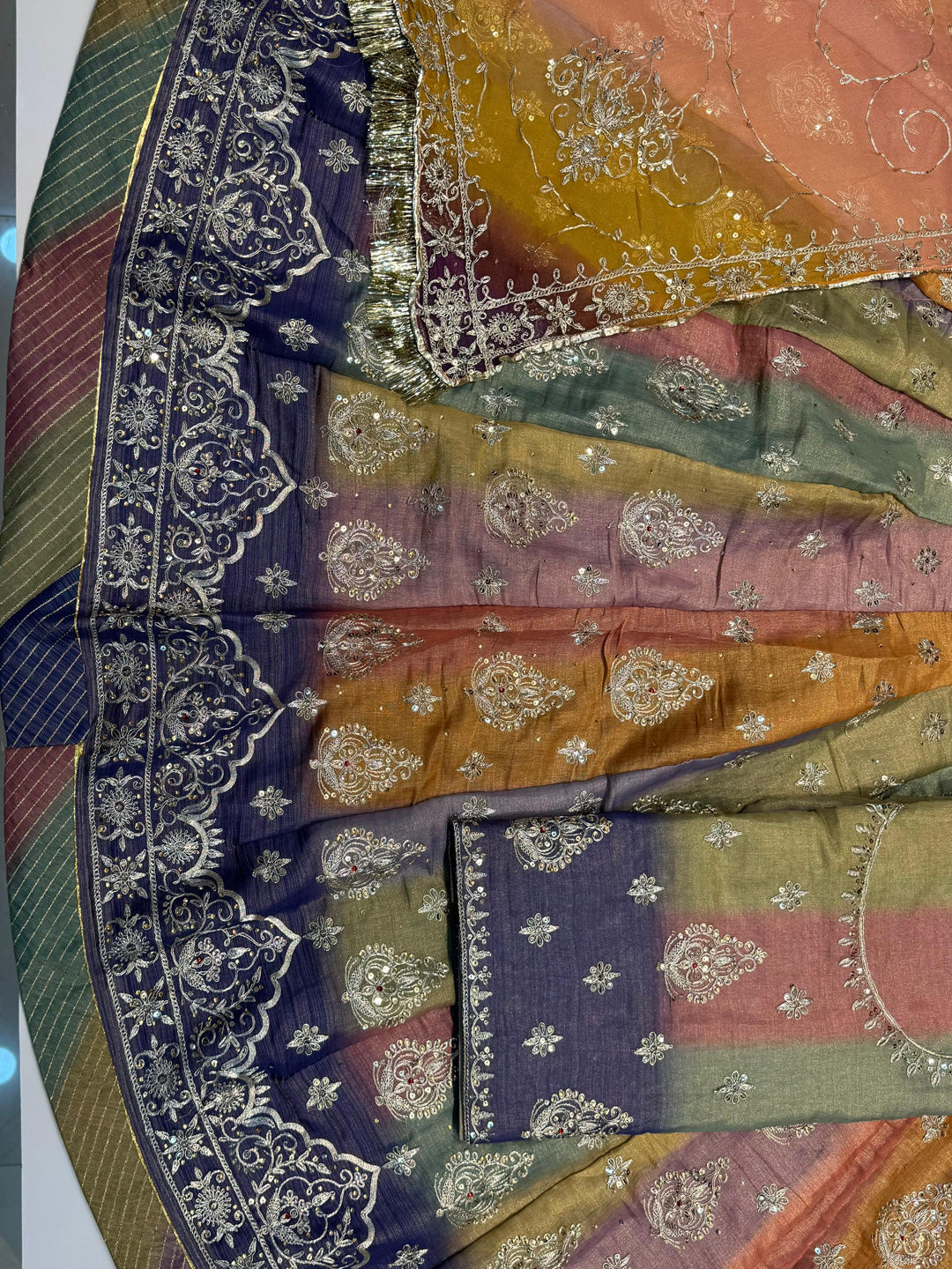 5 Miter full Gher Tesla Silk Multicolour Premium quality Rajputi Poshak Rajputi Suit-91599