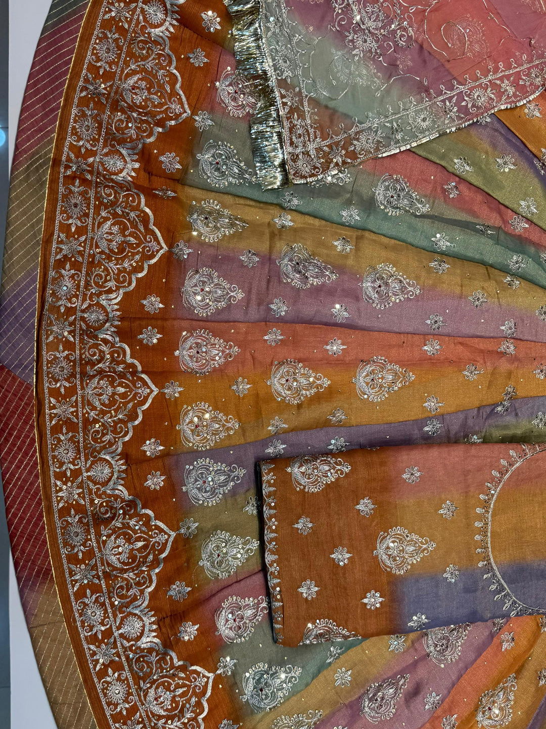 5 Miter full Gher Tesla Silk Multicolour Premium quality Rajputi Poshak Rajputi Suit-91599
