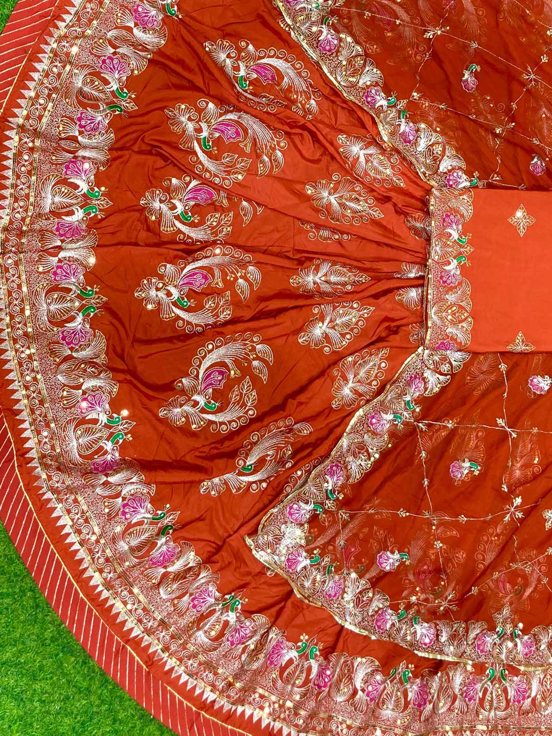 Crepe Silk 4 Meter Flare Mehendi Sangeet Rajputi Poshak In orange color-91624