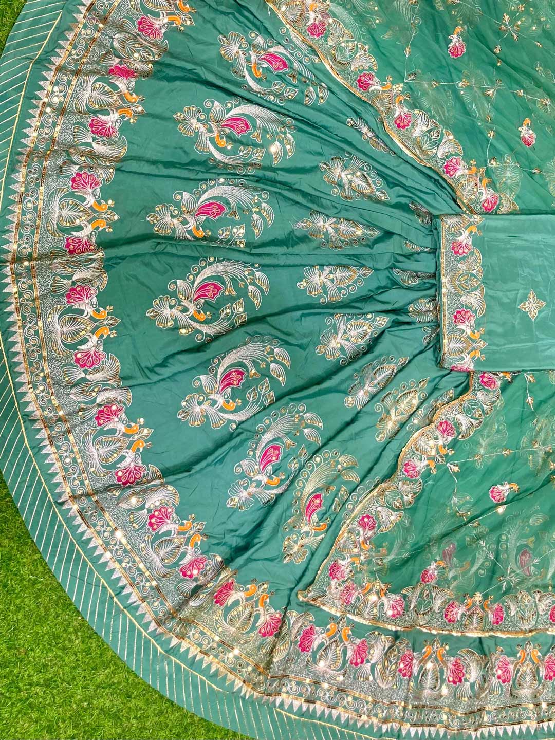 Crepe Silk 4 Meter Flare Mehendi Sangeet Rajputi Poshak In green color-91623