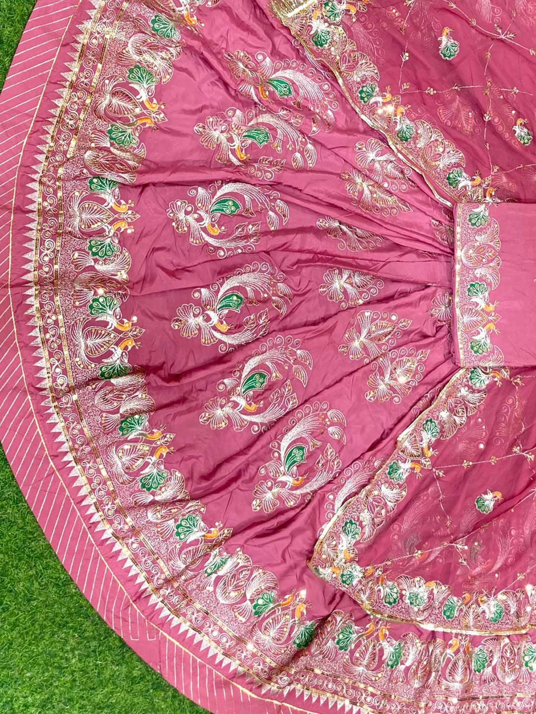 Crepe Silk 4 Meter Flare Mehendi Sangeet Rajputi Poshak In pink color-91620