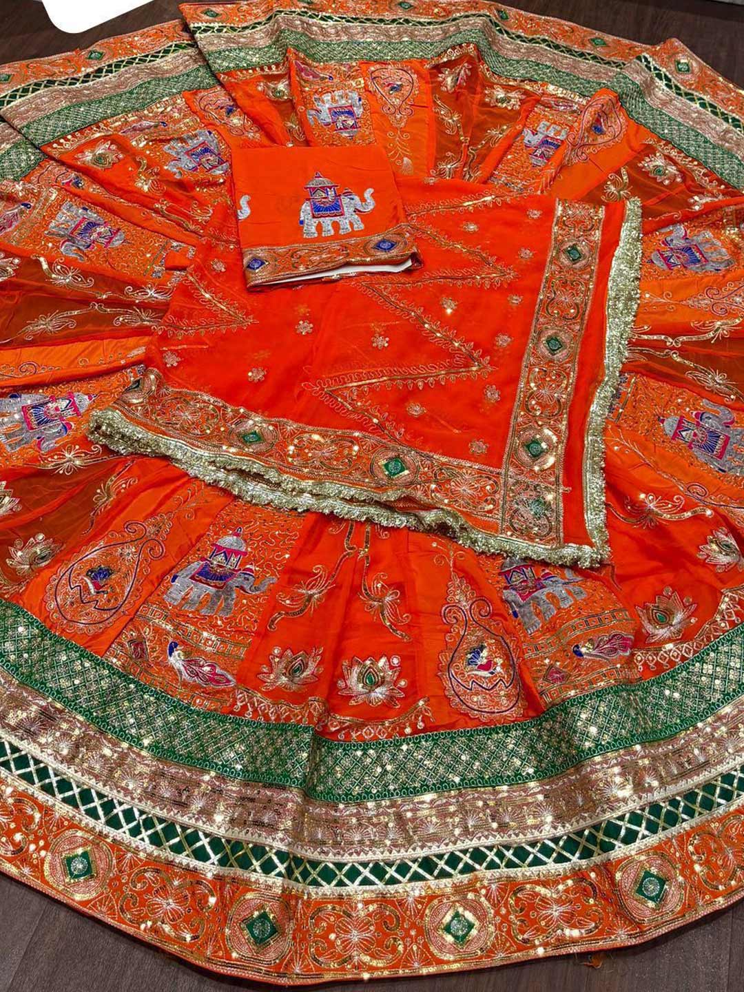 Georgette 7 Meter Flare Premium quality Vintage Bridal Rajputi Poshak In orange color-91625