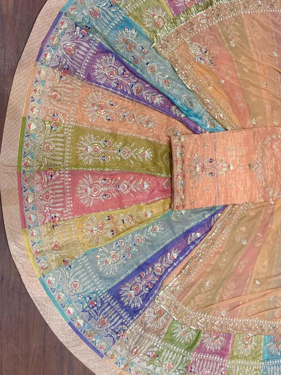 Gold Crush 4 Meter Flare Premium quality Bridal Rajputi Poshak In Peach color-91608